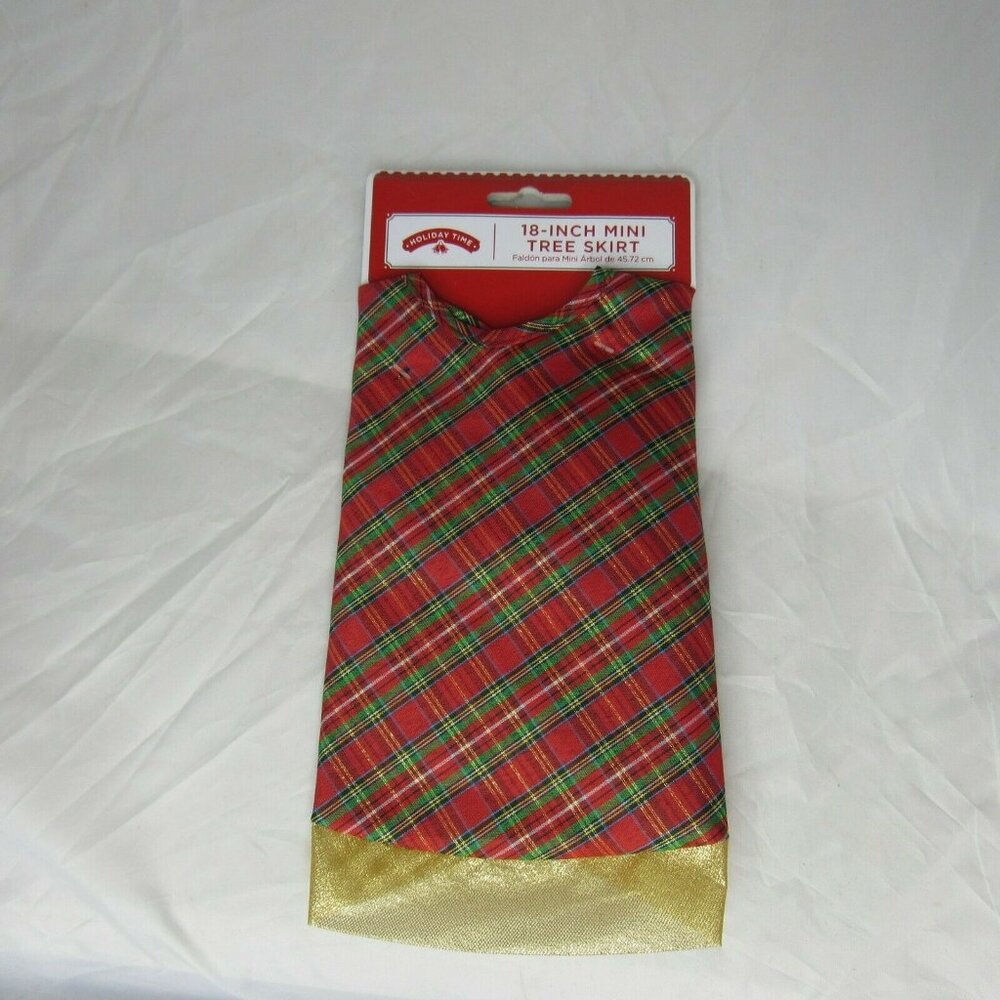 Mini Christmas Tree Skirt Red and Gold Plaid 18" Gold Metallic Solid Trim